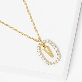 -V- Gold Dipped Metal Initial Monogram Rhinestone Oval Link Pendant Necklace