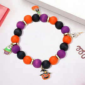 Halloween Theme Charms Wood Beaded Stretch Bracelet