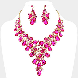 Leaf Teardrop Stone Cluster Statement Evening Necklace