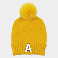 -A- Initial Monogram Faux Fur Pom Pom Knit Beanie Hat