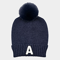 -A- Initial Monogram Faux Fur Pom Pom Knit Beanie Hat