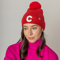 -C- Initial Monogram Faux Fur Pom Pom Knit Beanie Hat