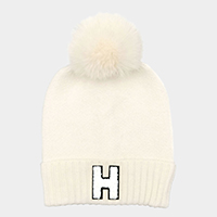 -H- Initial Monogram  Faux Fur Pom Pom Knit Beanie Hat