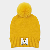 -M- Initial Monogram Faux Fur Pom Pom Knit Beanie Hat