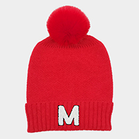 -M- Initial Monogram Faux Fur Pom Pom Knit Beanie Hat