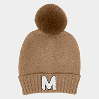 -M- Initial Monogram Faux Fur Pom Pom Knit Beanie Hat