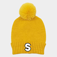-S- Initial Monogram Faux Fur Pom Pom Knit Beanie Hat