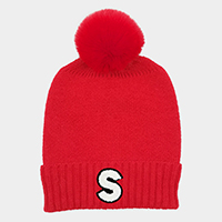 -S- Initial Monogram Faux Fur Pom Pom Knit Beanie Hat