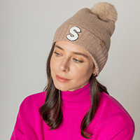 -S- Initial Monogram Faux Fur Pom Pom Knit Beanie Hat