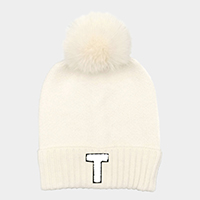 -T- Initial Monogram Faux Fur Pom Pom Knit Beanie Hat