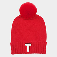 -T- Initial Monogram  Faux Fur Pom Pom Knit Beanie Hat