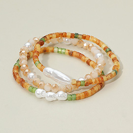 3PCS - Pearl Accented Faceted Beaded Stretch Bracelets