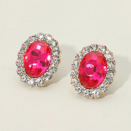 Rhinestone Trimmed Oval Stone Stud Evening Earrings