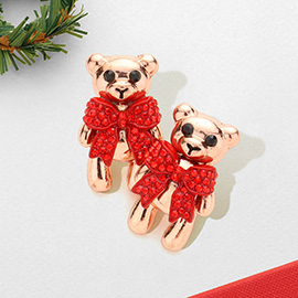 Rhinestone Embellished Bow Bear Stud Earrings