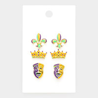 3Pairs - Mardi Gras Fleur de Lis Crown Mask Stud Earrings