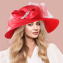 Rhinestone Embellished Feather Accented Mesh Bow Dressy Hat