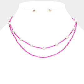 Pearl Station Tube Beaded Double Layered Necklace