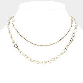 Rhinestone Metal Open Heart Link Double Layered Necklace