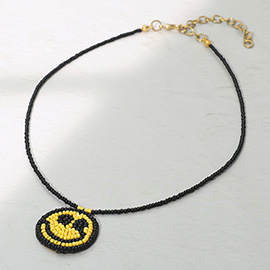 Felt Back Seed Beaded Smile Pendant Necklace