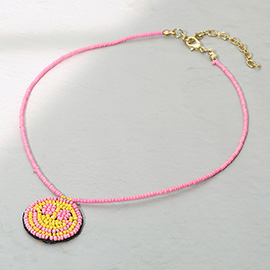 Felt Back Seed Beaded Smile Pendant Necklace
