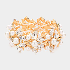 Pearl Embellished Marquise Stone Leaf Stretch Evening Bracelet