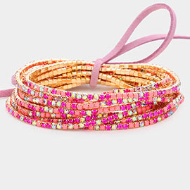12PCS - Ribbon Colorful Rhinestone Layered Stretch Bracelets
