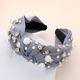 Pearl Round Stone Embellished Knot Burnout Headband