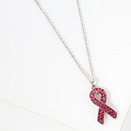 Rhinestone Embellished Pink Ribbon Pendant Necklace