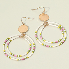 Metal Disc Seed Beaded Double Open Circle Link Dangle Earrings