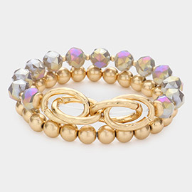 2PCS - Open Metal Oval Link Metal Ball Faceted Beaded Stretch Bracelets