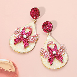 Glittered Angel Wing Pink Ribbon Pointed Teardrop Dangle Earrings