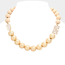 Frosted Metal Wood Ball Lucite Stone Link Necklace