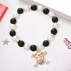 Skull Charm Pearl Beaded Stretch Bracelet