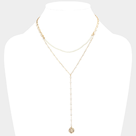 Metal Disc Pendant Pearl Double Layered Y Necklace