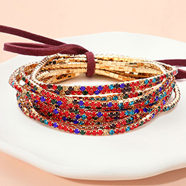 12PCS - Ribbon Colorful Rhinestone Layered Stretch Bracelets