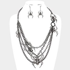 Metal Spider Accented Multi Layered Bib Necklace