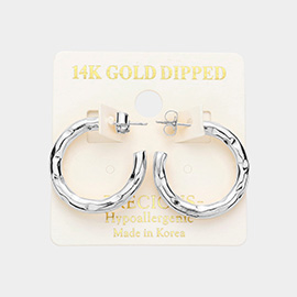 14K White Gold Dipped 1 Inch Crushed Metal Hoop Earrings