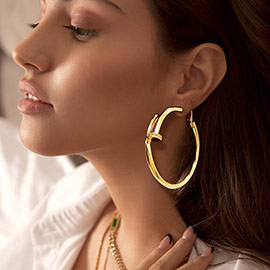 Rhinestone Embellished 2.5 Inch Metal Nail Hoop Earrings