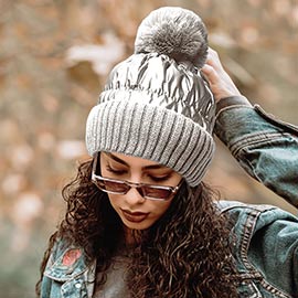 Fleece Lining Puffer Knit Pom Pom Winter Beanie Hat