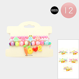12 Set of 3 - Carrot Heart Pointed Love Message Charm Flower Beaded Stretch Kids Bracelets