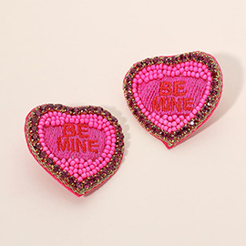 Felt Back BE MINE Message Embroidered Seed Bead Stone Embellished Earrings