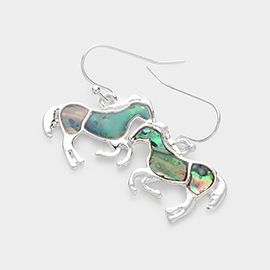 Abalone Embossed Metal Horse Dangle Earrings