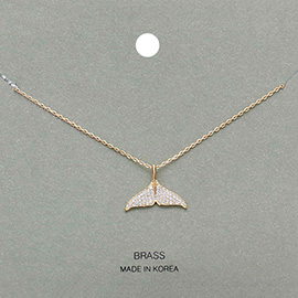 Brass Metal Stone Paved Whale Tail Pendant Necklace