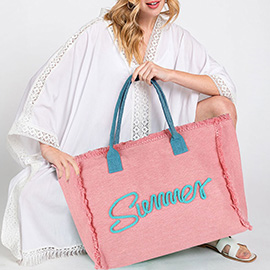 SUMMER Message Embroidered Fringe Canvas Tote Beach Bag