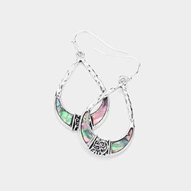 Antique Metal Abalone Open Teardrop Dangle Earrings
