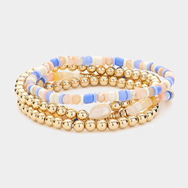 4PCS - Pearl Pointed Heishi Metal Ball Beaded Stretch Multi Layered Bracelets