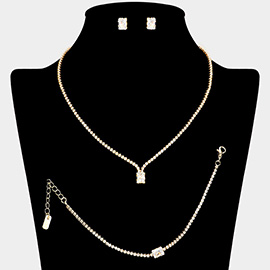 Rectangle Stone Pointed Rhinestone Paved Necklace Jewelry Set