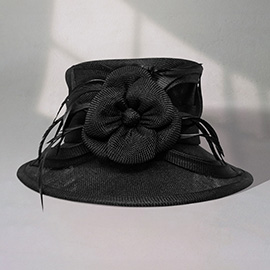 Flower Ribbon Feather Accented Sinamay Dressy Hat