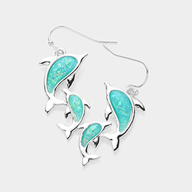Sea Glass Embossed Dolphin Dangle Earrings