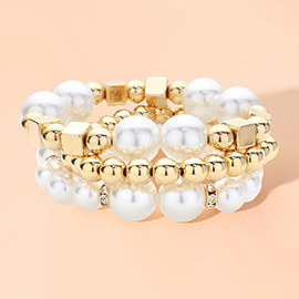 3PCS - Pearl Metal Ball Beaded Stretch Multi Layered Bracelets